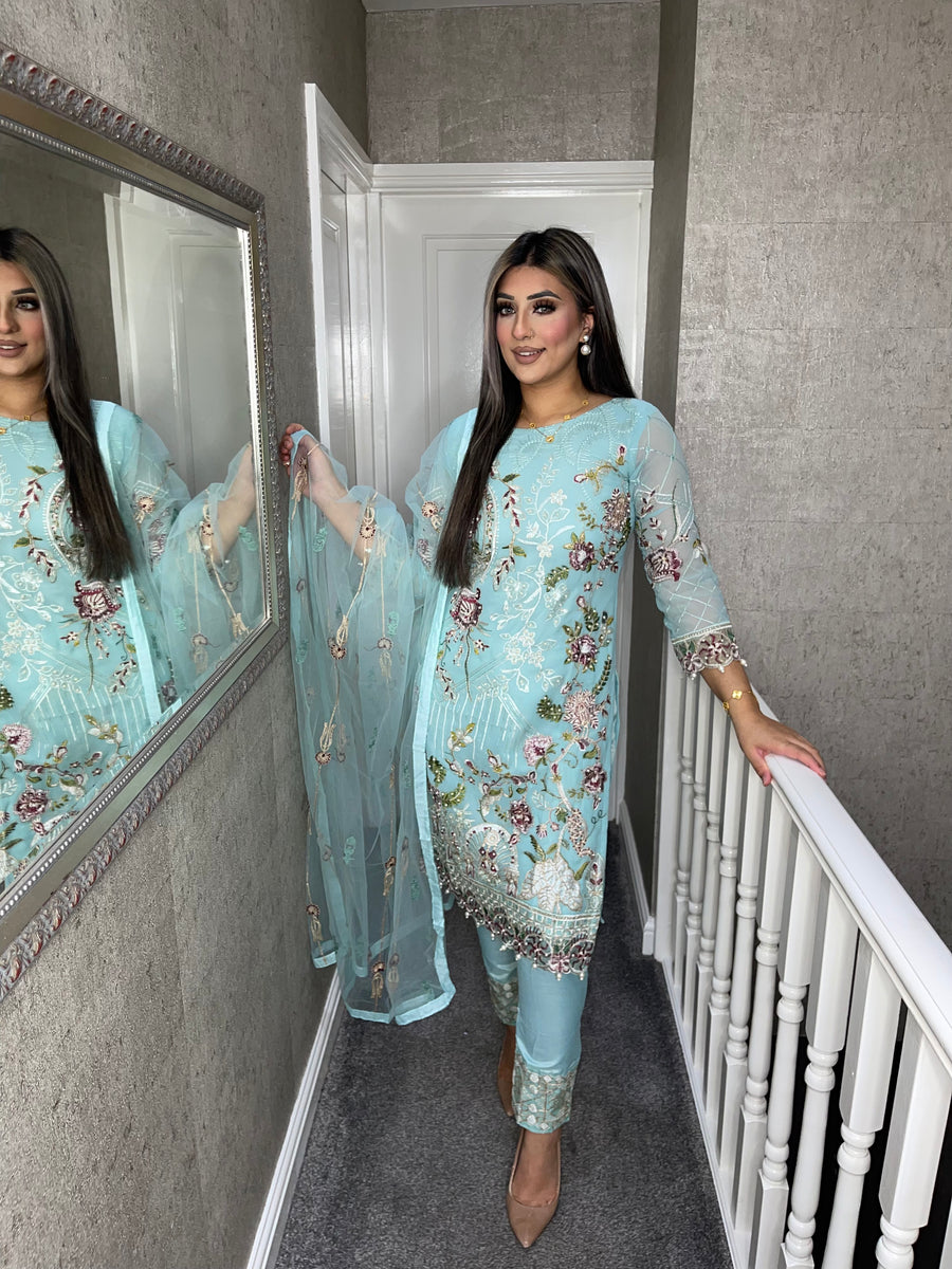 Light Blue Chiffon Embroidered Shalwar Kameez 3-Piece Suit main image 0