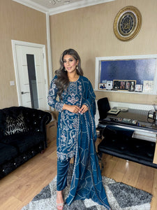Teal Embroidered Shalwar Kameez with Net duppatta fully stitched 3 piece suit with Net Dupatta MOB-A5019B