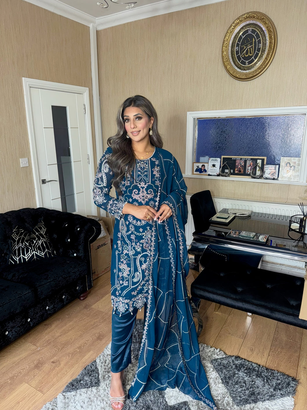 Teal Embroidered Shalwar Kameez with Net duppatta fully stitched 3 piece suit with Net Dupatta MOB-A5019B