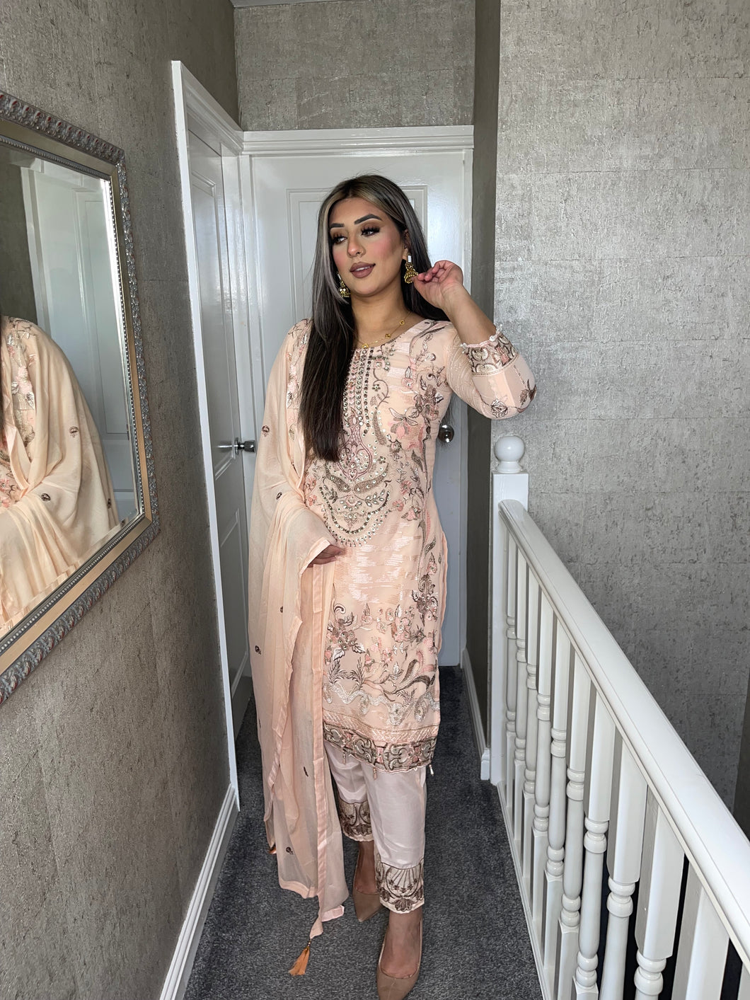 3PC PEACH Embroidered Shalwar Kameez with Net duppatta fully stitched 3 piece suit F-C1264C