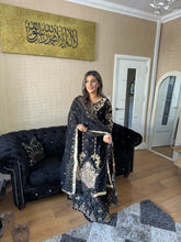 Load image into Gallery viewer, Black Shalwar Kameez with lehenga and net dupatta fully stitched 3 piece suit MOB-S111E
