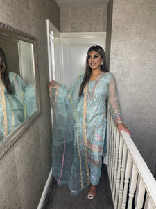 Light Blue Embroidered Shalwar Kameez with Net duppatta fully stitched 3 piece suit with Net Dupatta MOB-C1810C