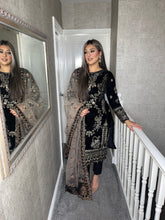 Load image into Gallery viewer, BLACK Velvet Embroidered Shalwar Kameez with chiffon teal duppatta fully stitched 3 piece suit  MT-375A
