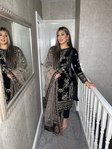 BLACK Velvet Embroidered Shalwar Kameez with chiffon teal duppatta fully stitched 3 piece suit  MT-375A