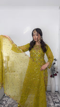Load image into Gallery viewer, Olive Embroidered Shalwar Kameez with Net duppatta fully stitched 3 piece suit with Net Dupatta MOB-1001
