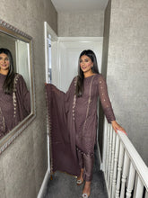 Load image into Gallery viewer, Mauve Embroidered Shalwar Kameez with Net duppatta fully stitched 3 piece suit with Net Dupatta MOB-1586C
