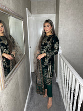 Load image into Gallery viewer, Dark Green Velvet Embroidered Shalwar Kameez with net duppatta fully stitched 3 piece suit  MT-375C
