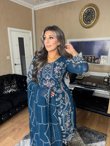 Teal Embroidered Shalwar Kameez with Net duppatta fully stitched 3 piece suit with Net Dupatta MOB-A5019B