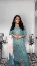 Load image into Gallery viewer, Blue Embroidered Shalwar Kameez with Net duppatta fully stitched 3 piece suit with Net Dupatta MOB-SDS1097
