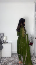 Load image into Gallery viewer, Green Embroidered Shalwar Kameez with Net duppatta fully stitched 3 piece suit with Net Dupatta MOB-AC204D
