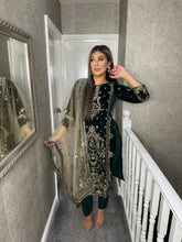 Load image into Gallery viewer, Dark Green Velvet Embroidered Shalwar Kameez with chiffon teal duppatta fully stitched 3 piece suit  MT-379C
