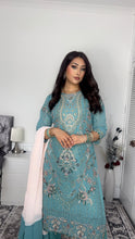 Load image into Gallery viewer, Blue Embroidered Shalwar Kameez with Net duppatta fully stitched 3 piece suit with Net Dupatta MOB-SDS1097
