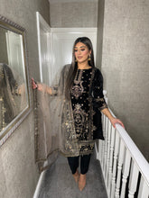 Load image into Gallery viewer, BLACK Velvet Embroidered Shalwar Kameez with chiffon teal duppatta fully stitched 3 piece suit  MT-379A
