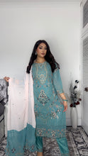 Load image into Gallery viewer, Blue Embroidered Shalwar Kameez with Net duppatta fully stitched 3 piece suit with Net Dupatta MOB-SDS1097
