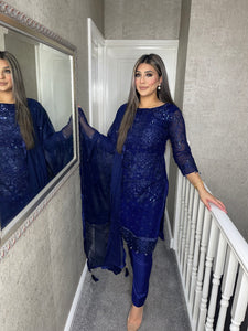 3PC Midnight BLUE Embroidered Shalwar Kameez with Net duppatta fully stitched 3 piece suit F-1280C