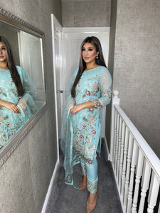 3PC BABY BLUE Embroidered Shalwar Kameez with Net duppatta fully stitched 3 piece suit F-C1304B