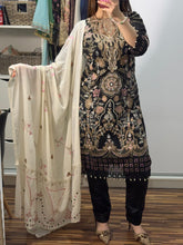 Load image into Gallery viewer, BLACK Embroidered Shalwar Kameez with Net duppatta fully stitched 3 piece suit with Chiffon Dupatta MOB-AA1102

