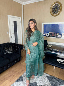Green Embroidered Shalwar Kameez with Net duppatta fully stitched 3 piece suit with Net Dupatta MOB-C1924C