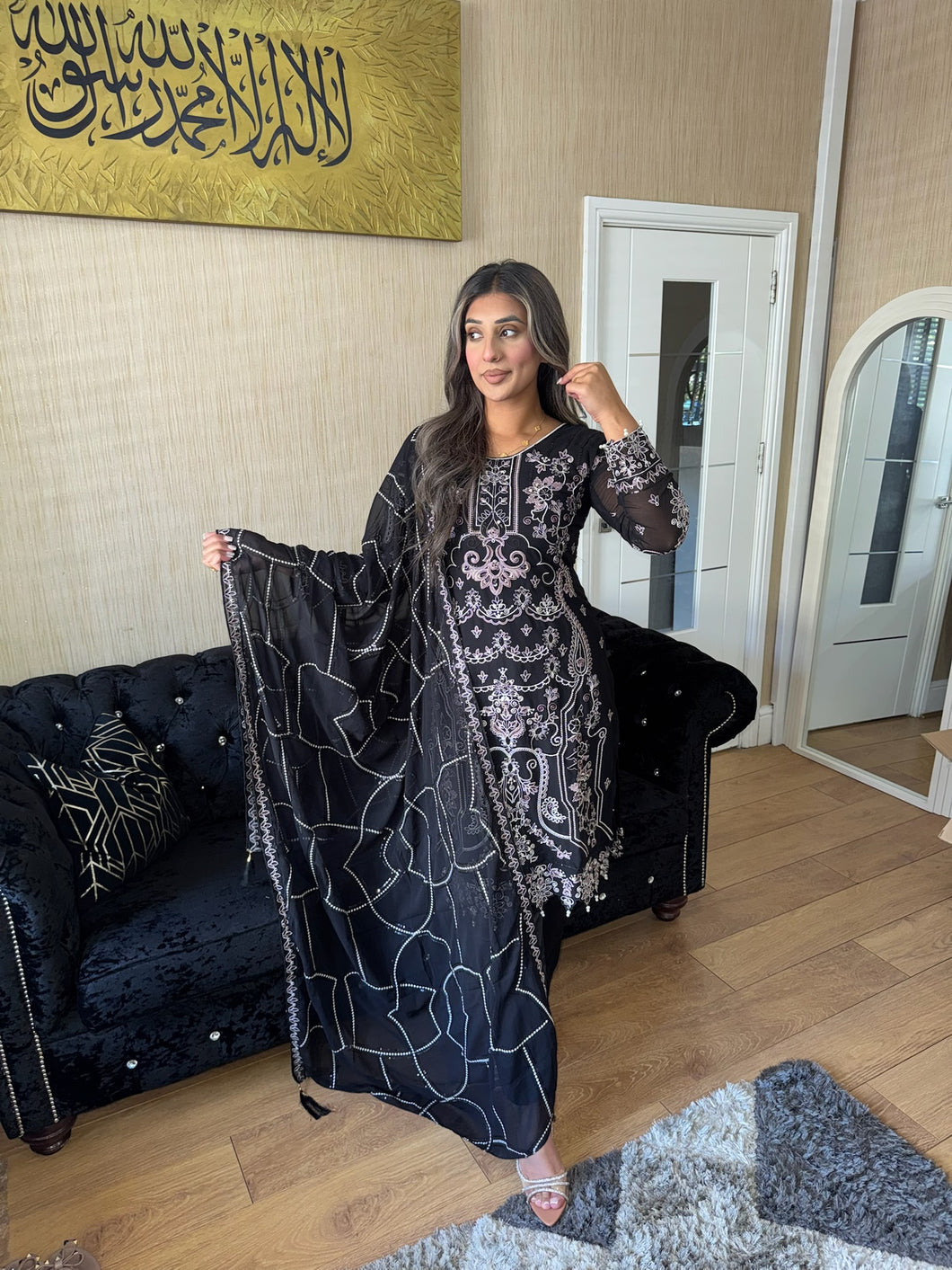 BLACK Embroidered Shalwar Kameez with Net duppatta fully stitched 3 piece suit with Net Dupatta MOB-A5019D