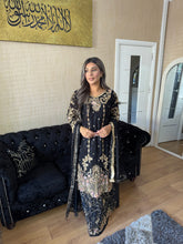 Load image into Gallery viewer, Black Shalwar Kameez with lehenga and net dupatta fully stitched 3 piece suit MOB-S111E
