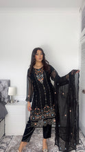 Load image into Gallery viewer, Black Embroidered Shalwar Kameez with Net duppatta fully stitched 3 piece suit with Net Dupatta MOB-1002
