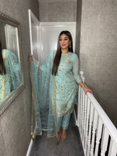 Load image into Gallery viewer, 3PC Light Turquoise Embroidered Shalwar Kameez with Net duppatta fully stitched 3 piece suit F-1283D
