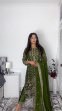 Load image into Gallery viewer, Green Embroidered Shalwar Kameez with Net duppatta fully stitched 3 piece suit with Net Dupatta MOB-AC204D

