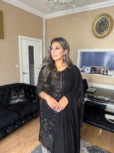 Load image into Gallery viewer, Black Embroidered Shalwar Kameez with Net duppatta fully stitched 3 piece suit with Net Dupatta MOB-S170B
