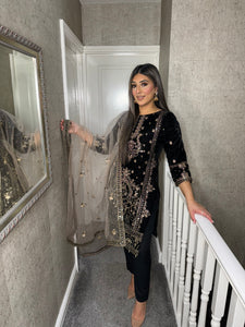 BLACK Velvet Embroidered Shalwar Kameez with chiffon teal duppatta fully stitched 3 piece suit  MT-379A