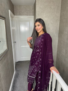 Plum Embroidered Shalwar Kameez with chiffon duppatta fully stitched 3PC MOB-F1889A