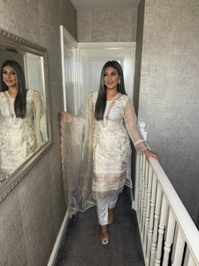 WHITE CREAM Embroidered Shalwar Kameez with Net duppatta fully stitched 3 piece suit with Net Dupatta MOB-C1810D