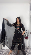 Load image into Gallery viewer, Black Embroidered Shalwar Kameez with Net duppatta fully stitched 3 piece suit with Net Dupatta MOB-1002
