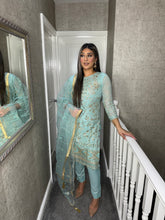 Load image into Gallery viewer, 3PC Light Turquoise Embroidered Shalwar Kameez with Net duppatta fully stitched 3 piece suit F-1283D
