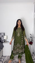 Load image into Gallery viewer, Green Embroidered Shalwar Kameez with Net duppatta fully stitched 3 piece suit with Net Dupatta MOB-AC204D

