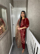 Load image into Gallery viewer, RED Velvet Embroidered Shalwar Kameez with chiffon teal duppatta fully stitched 3 piece suit  MT-379B
