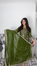 Load image into Gallery viewer, Green Embroidered Shalwar Kameez with Net duppatta fully stitched 3 piece suit with Net Dupatta MOB-AC204D
