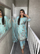 Load image into Gallery viewer, 3PC BABY BLUE Embroidered Shalwar Kameez with Net duppatta fully stitched 3 piece suit F-C1304B
