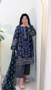 3PC NAVY lawn Shalwar Kameez with chiffon dupatta 3piece ready to wear suit MOB-L001