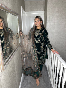 Dark Green Velvet Embroidered Shalwar Kameez with net duppatta fully stitched 3 piece suit  MT-375C