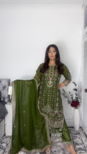 Load image into Gallery viewer, Green Embroidered Shalwar Kameez with Net duppatta fully stitched 3 piece suit with Net Dupatta MOB-AC204D
