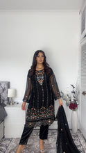 Load image into Gallery viewer, Black Embroidered Shalwar Kameez with Net duppatta fully stitched 3 piece suit with Net Dupatta MOB-1002
