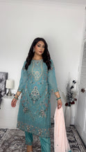 Load image into Gallery viewer, Blue Embroidered Shalwar Kameez with Net duppatta fully stitched 3 piece suit with Net Dupatta MOB-SDS1097
