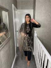 Load image into Gallery viewer, BLACK Velvet Embroidered Shalwar Kameez with chiffon teal duppatta fully stitched 3 piece suit  MT-379A
