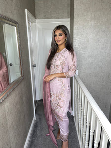 3PC PINK Embroidered Shalwar Kameez with Net duppatta fully stitched 3 piece suit F-C1264B