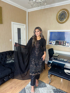 Black Embroidered Shalwar Kameez with Net duppatta fully stitched 3 piece suit with Net Dupatta MOB-S170B