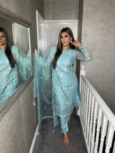 Load image into Gallery viewer, SEA BLUE Shalwar Kameez fully stitched 3 piece suit with NET Dupatta MOB-1541C
