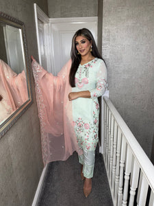 3PC Mint Green Embroidered Shalwar Kameez with Net duppatta fully stitched 3 piece suit MOB-AA26