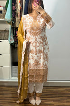 Load image into Gallery viewer, WHITE Embroidered Shalwar Kameez with Net duppatta fully stitched 3 piece suit with chiffon Dupatta MOB-AA100
