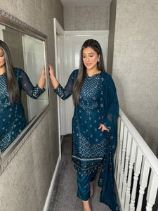 TEAL Embroidered Shalwar Kameez with chiffon duppatta fully stitched 3PC MOB-F1889B