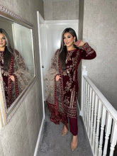 Load image into Gallery viewer, Maroon Velvet Embroidered Shalwar Kameez with chiffon teal duppatta fully stitched 3 piece suit  MT-375D
